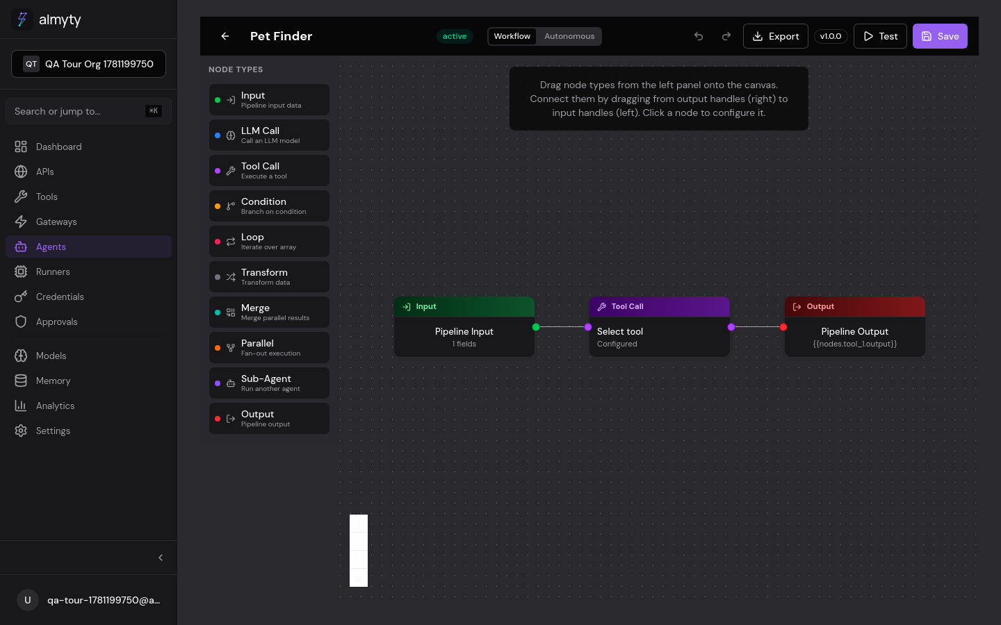 The almyty visual agent builder — node palette on the left, a pipeline of input, tool call, and output nodes on the canvas.