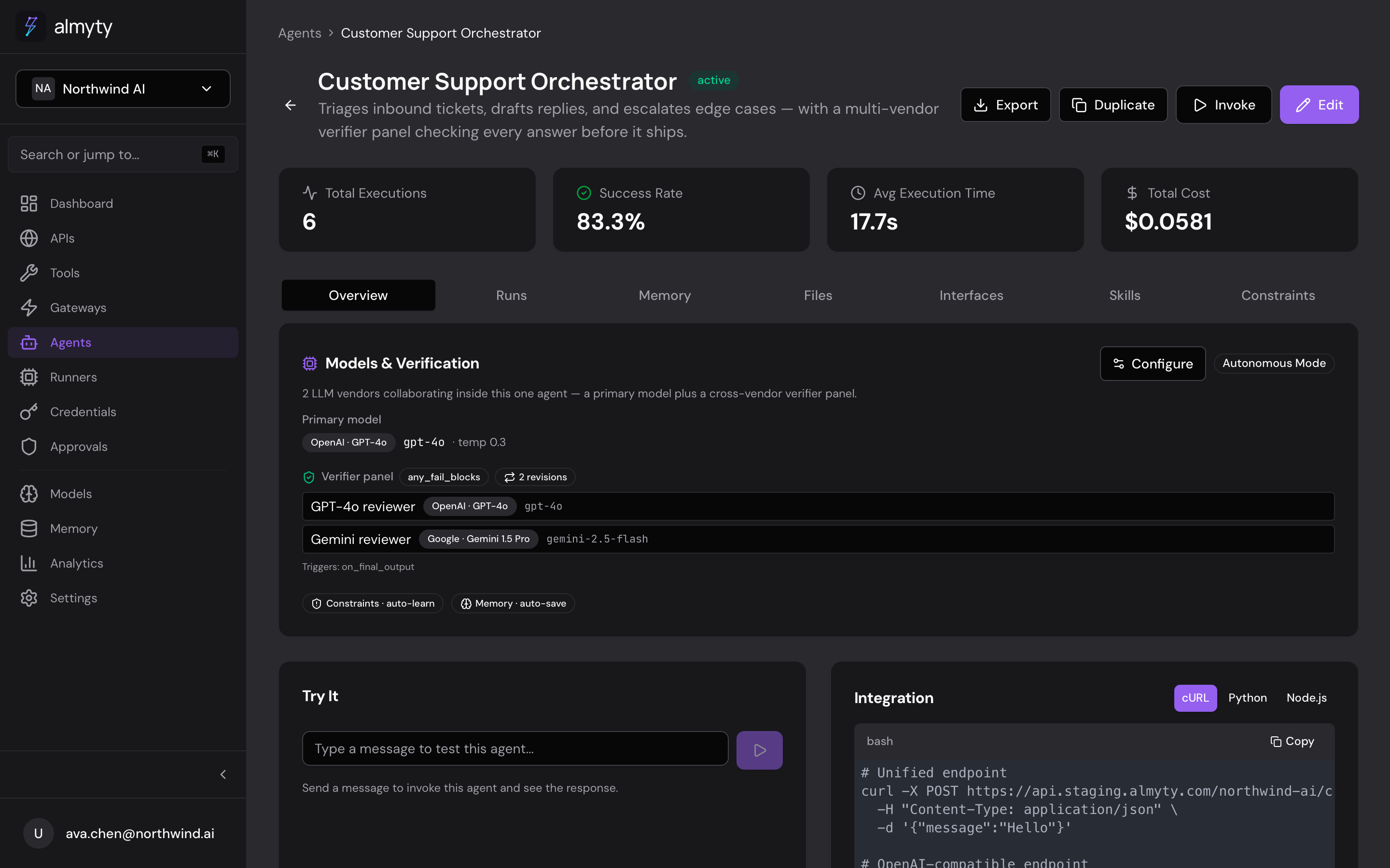 An autonomous agent in almyty — the Customer Support Orchestrator detail view with its tools, integration endpoints, schedule, and audit log.